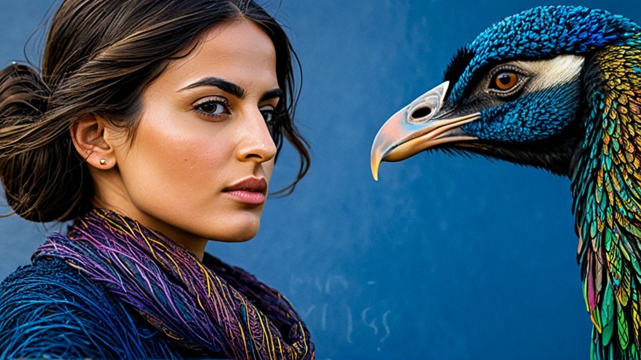 Woman with Peacock in Vibrant Colorful Setting