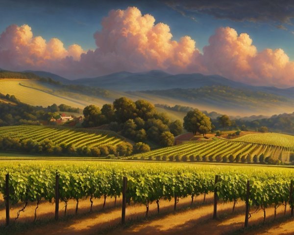 Vibrant Vineyard Landscape at Sunset with Rolling Hills