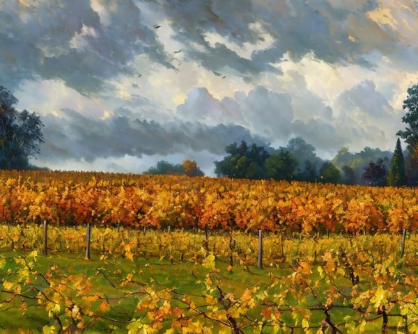 Autumn Vineyard Landscape with Dramatic Sky and Trees