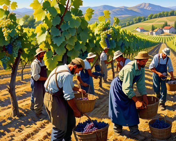 Vibrant Vineyard Scene with Workers Harvesting Grapes