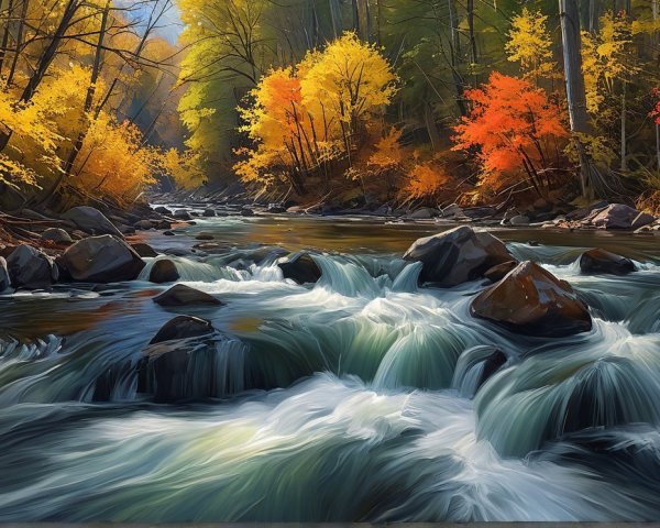 Serene River in Vibrant Autumn Landscape