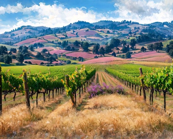 Vibrant Vineyard Landscape with Rolling Hills and Mountains