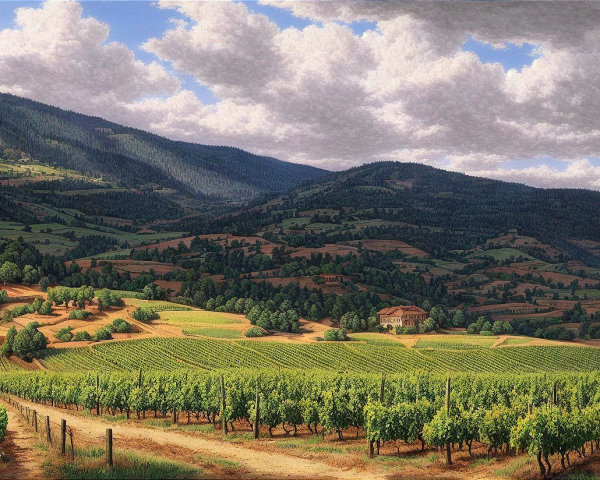 Rolling Vineyards with Farmhouses and Mountains