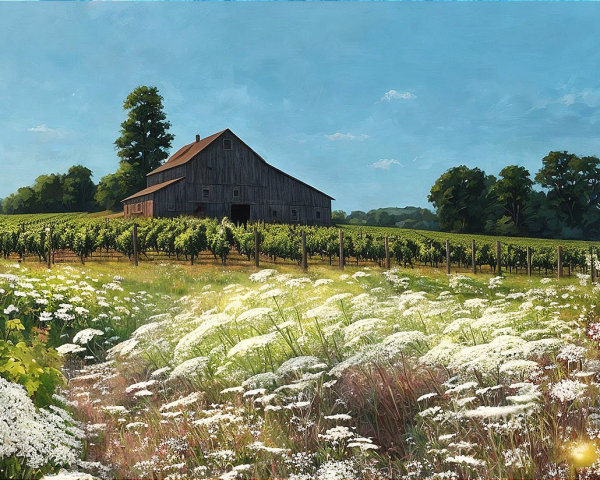 Serene Countryside Scene with Barn and Vineyards