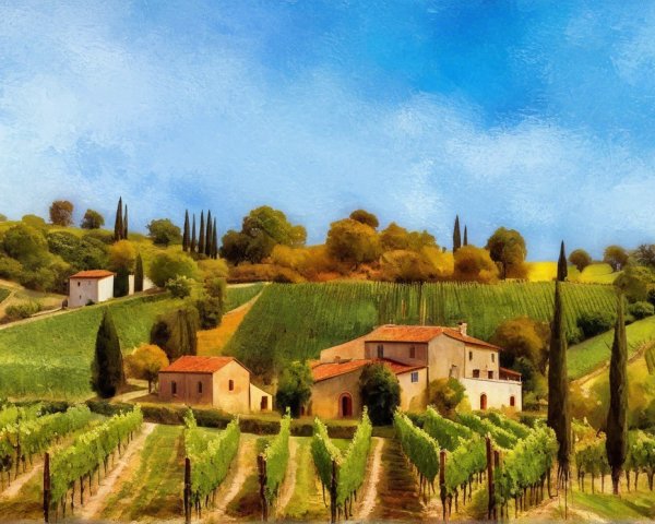 Picturesque Italian Countryside with Vineyards and Hills