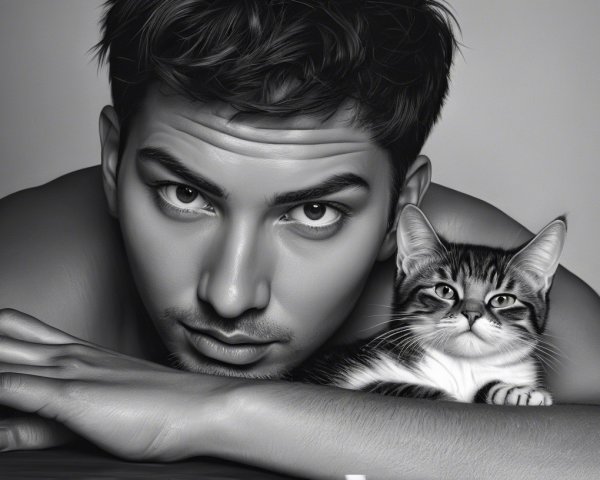 Black-and-white portrait of a young man with kitten