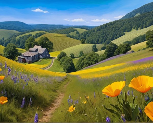 Picturesque Landscape with Farmhouse and Wildflowers