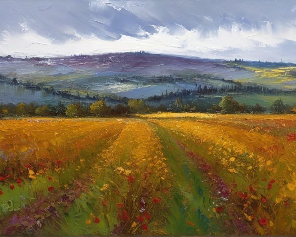 Vibrant Landscape with Golden Field and Rolling Hills