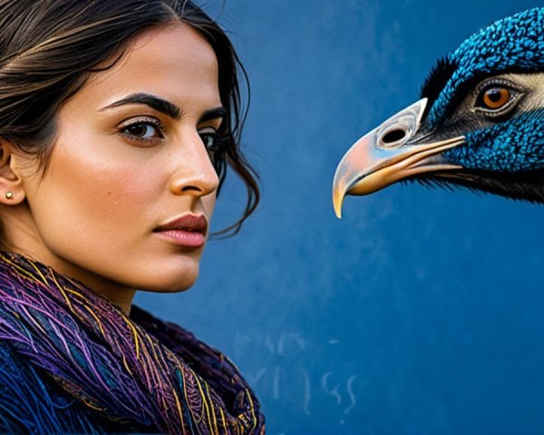 Woman with Peacock in Vibrant Colorful Setting