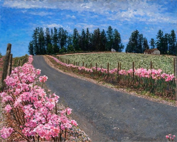 Winding Country Road with Pink Flowers and Farmhouse