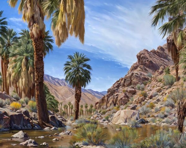 Vibrant Desert Landscape with Palm Trees and River