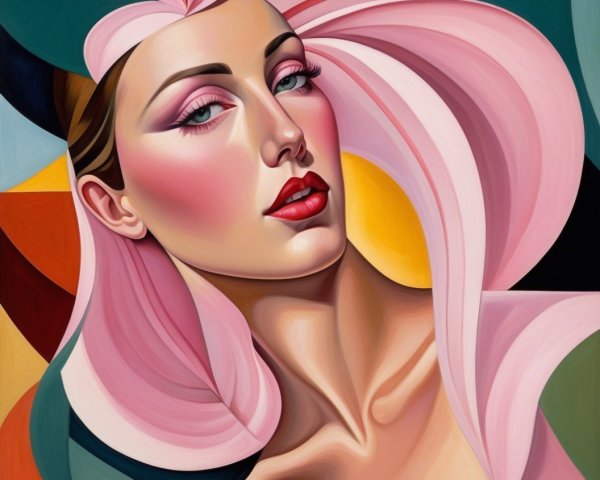 Stylized portrait of a confident woman with pink hair