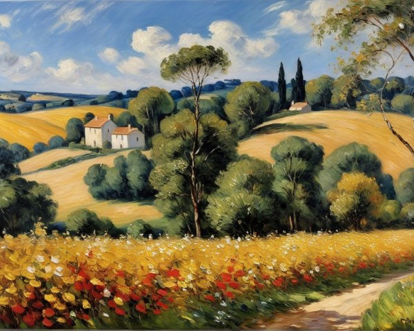 Picturesque Landscape with Rolling Hills and Cottages