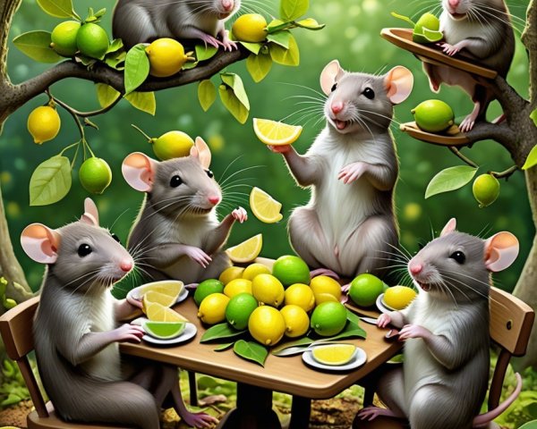Cheerful Gray Mice in a Garden with Citrus Fruits