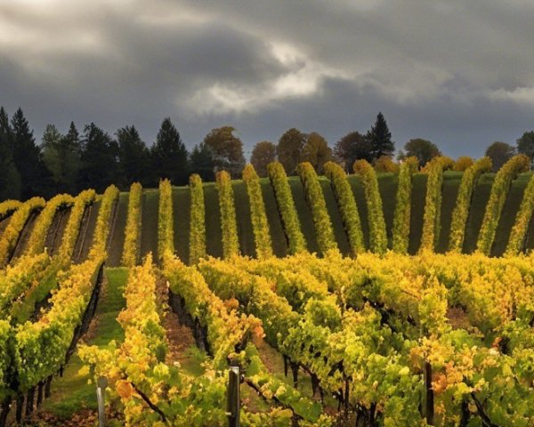 Panoramic Vineyard View with Autumn Foliage and Clouds