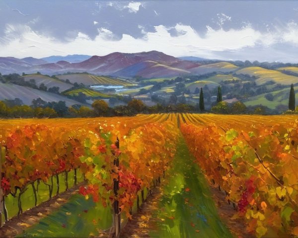 Vibrant Autumn Vineyard Landscape with Rolling Hills