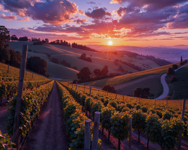 Vineyard Landscape at Sunset with Rolling Hills