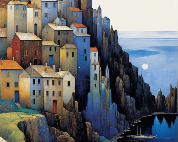 Coastal Village on Cliffs with Colorful Houses and Sea