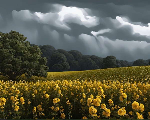 Vibrant Yellow Flower Field Under Stormy Sky