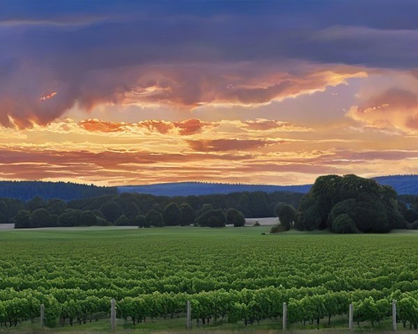 Lush Green Vineyards Under Vibrant Sunset Sky