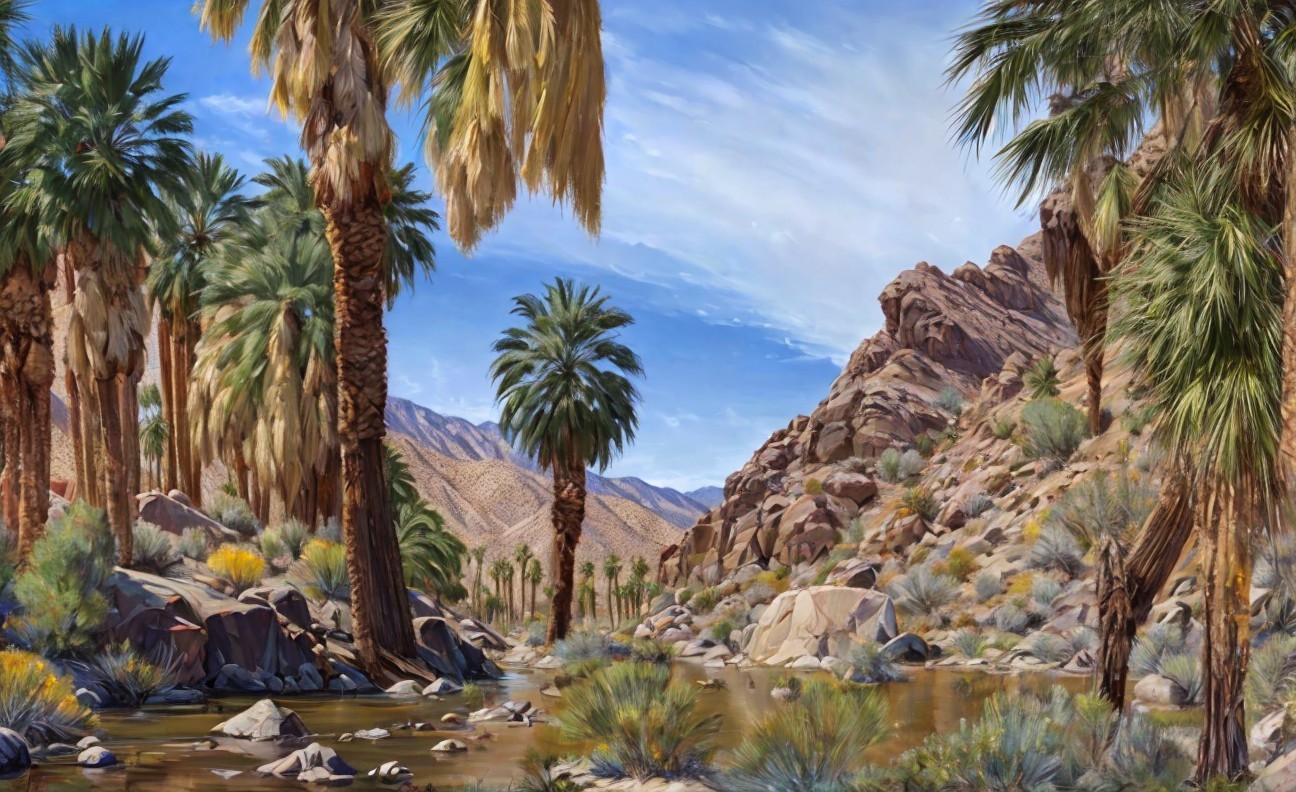 Vibrant Desert Landscape with Palm Trees and River