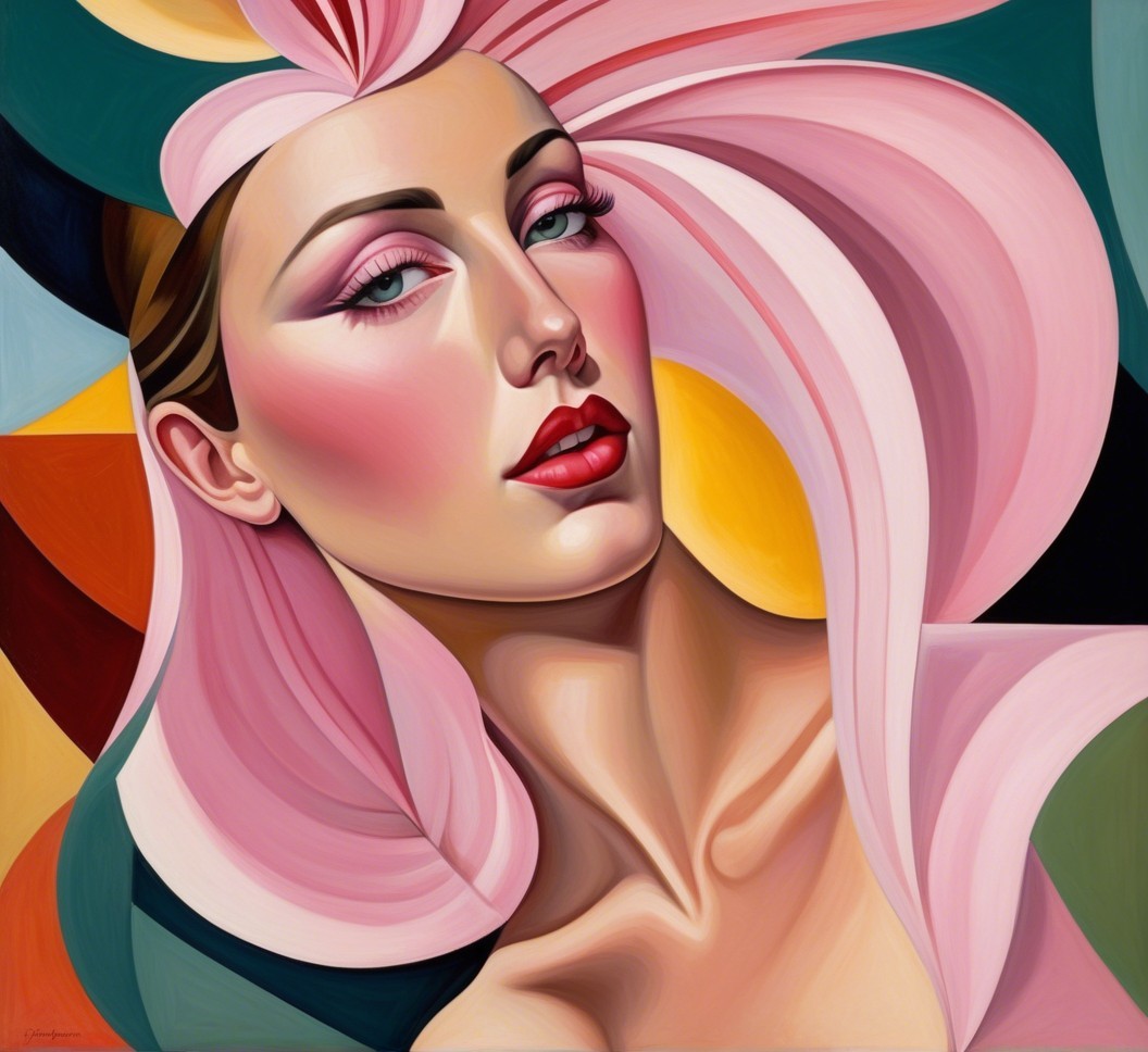 Stylized portrait of a confident woman with pink hair
