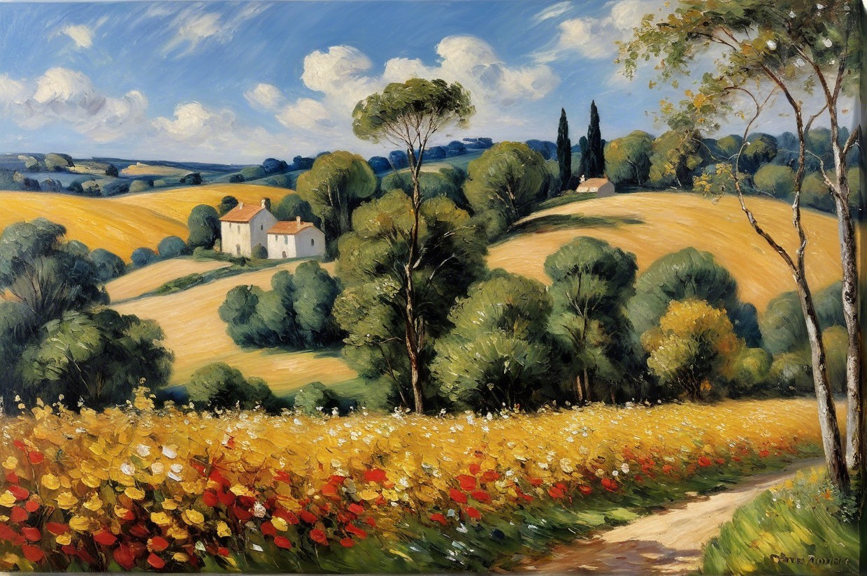 Picturesque Landscape with Rolling Hills and Cottages