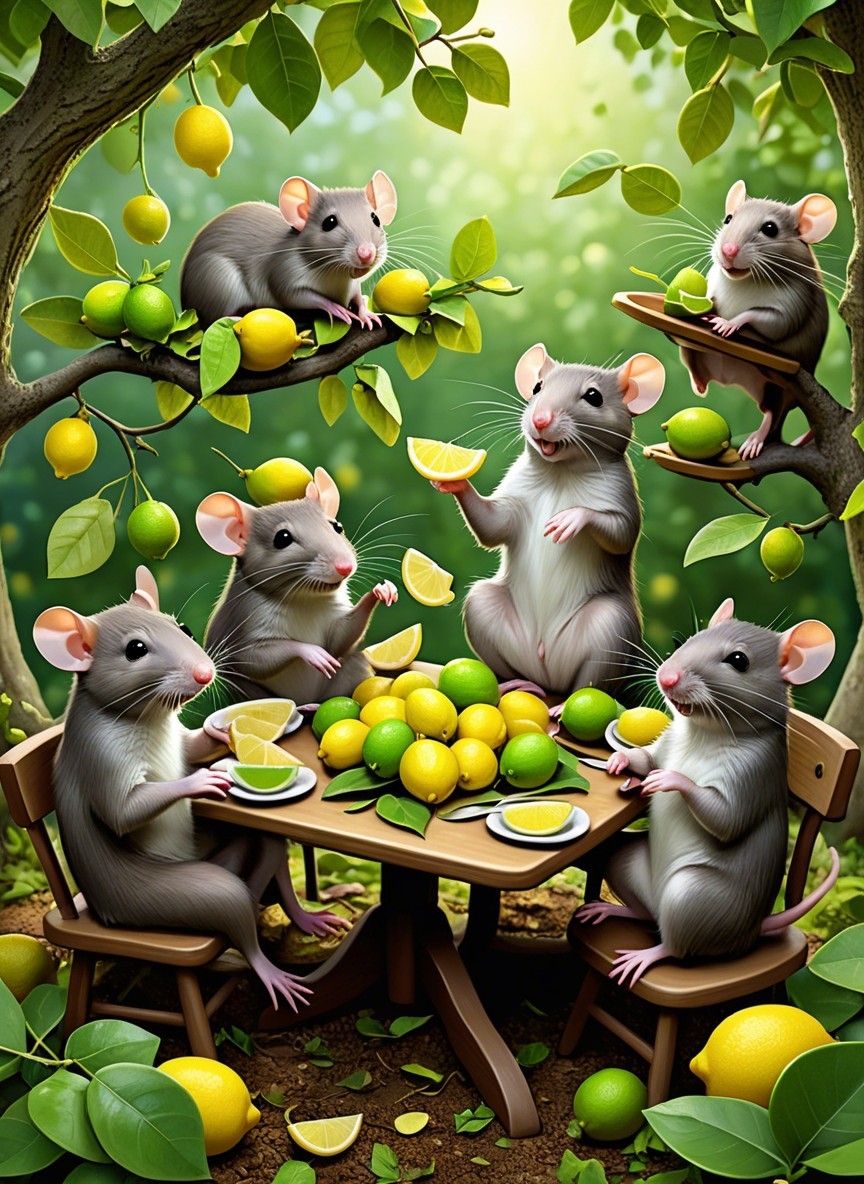 Cheerful Gray Mice in a Garden with Citrus Fruits