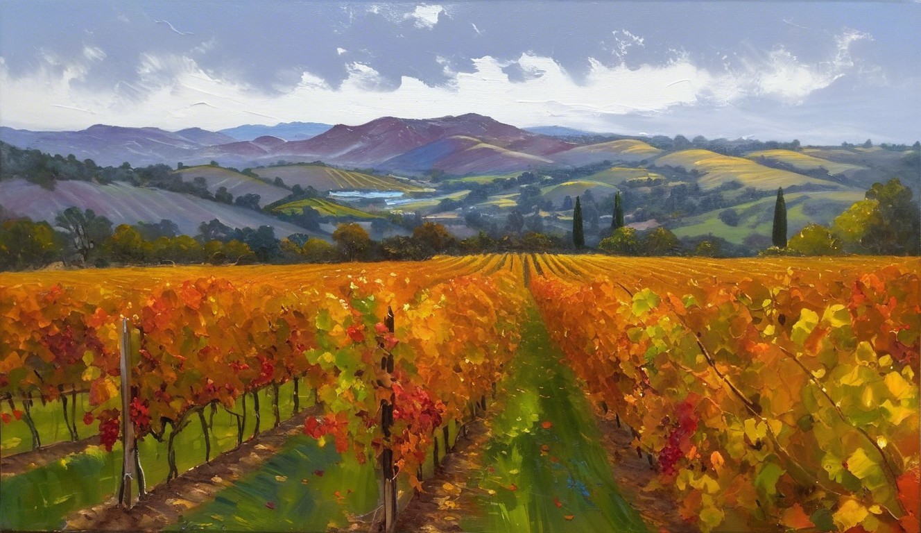 Vibrant Autumn Vineyard Landscape with Rolling Hills