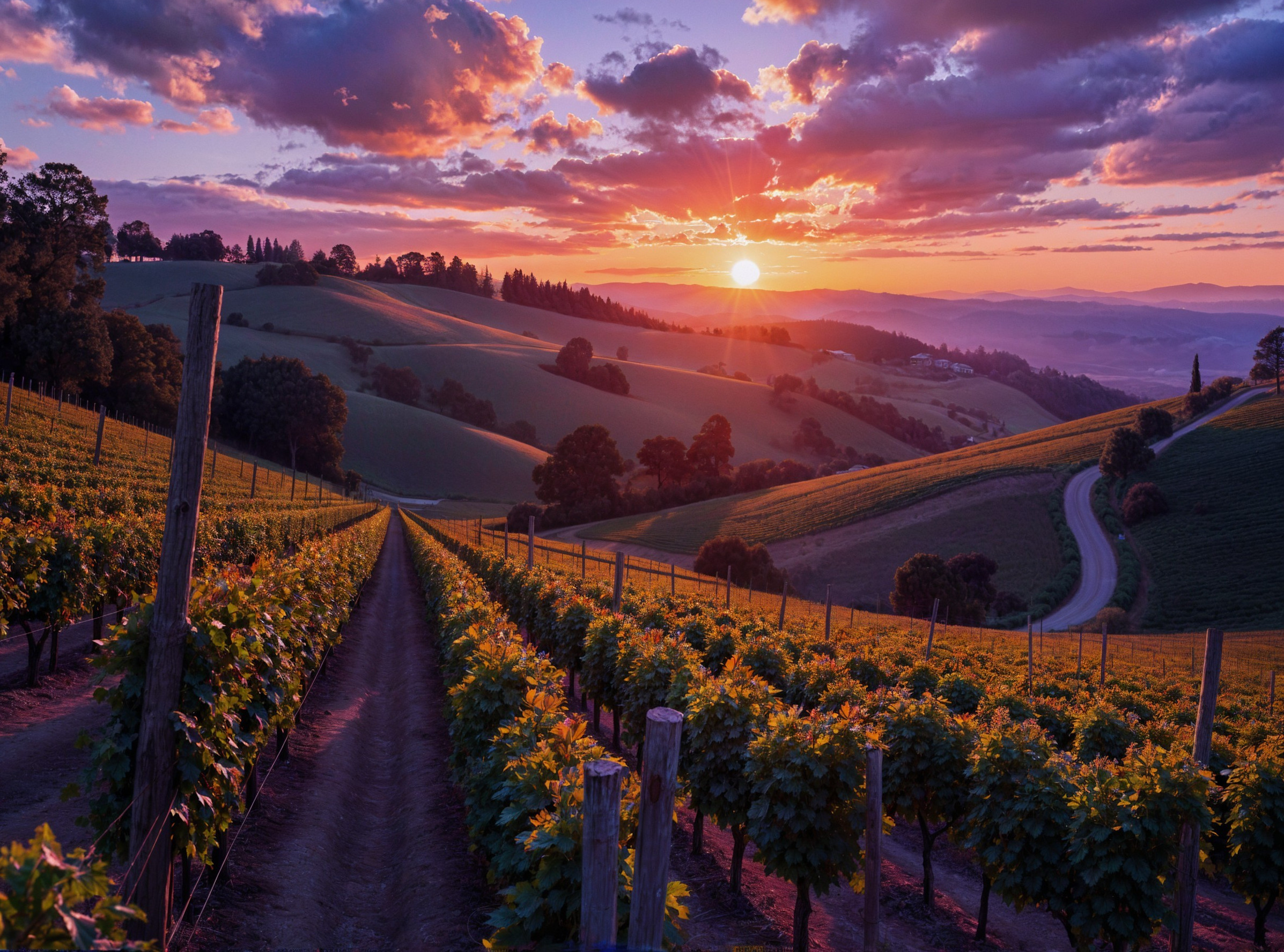Vineyard Landscape at Sunset with Rolling Hills