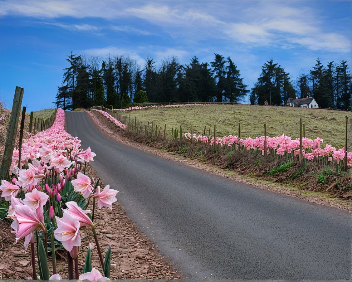 Serene Country Road with Vibrant Flowers and Fields