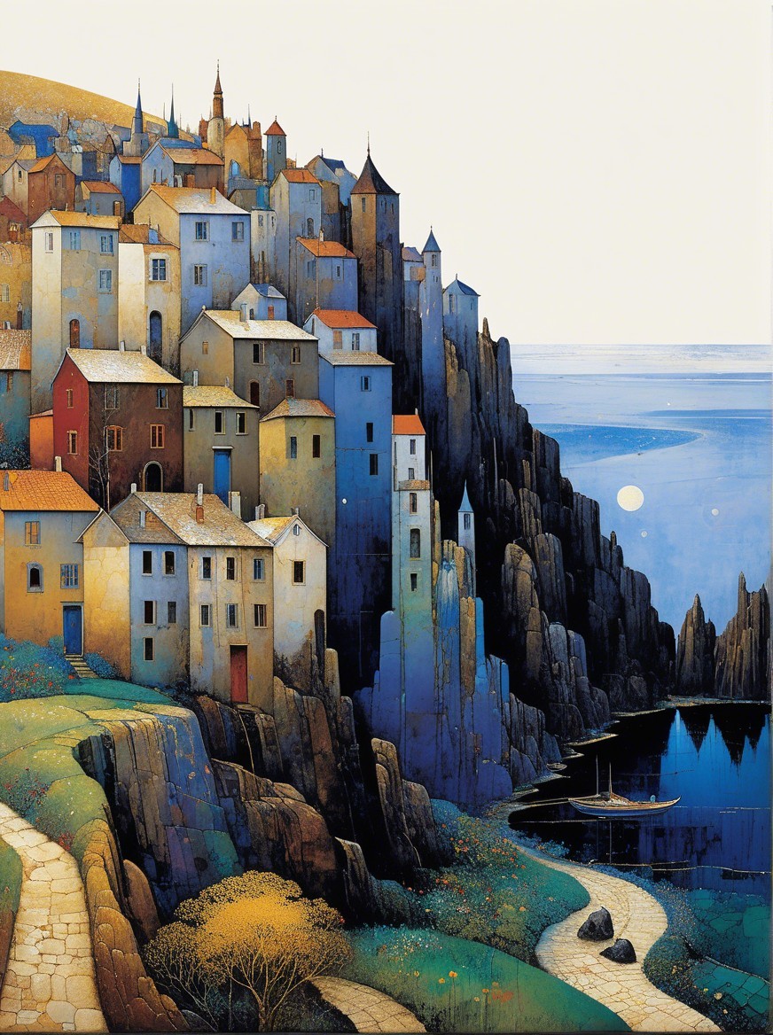 Coastal Village on Cliffs with Colorful Houses and Sea