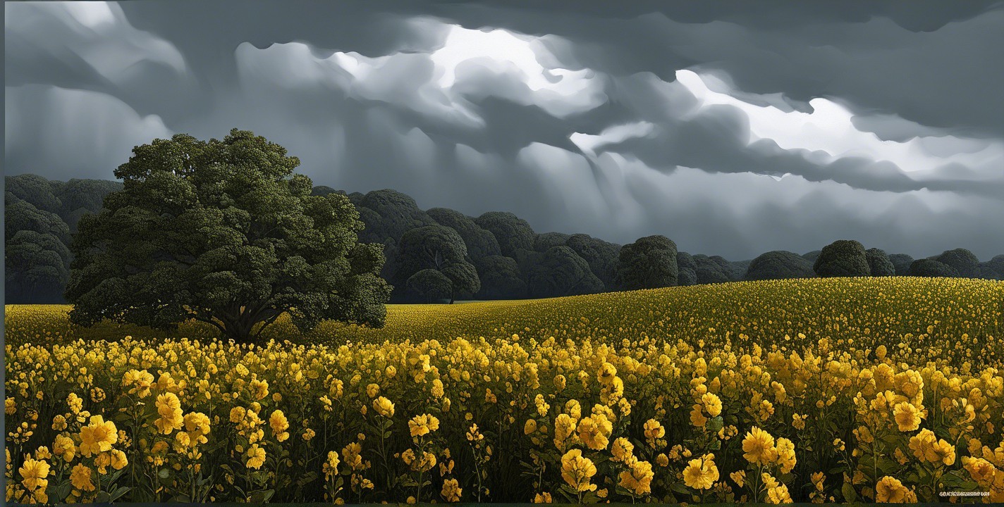 Vibrant Yellow Flower Field Under Stormy Sky