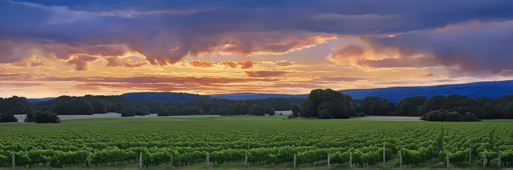 Lush Green Vineyards Under Vibrant Sunset Sky
