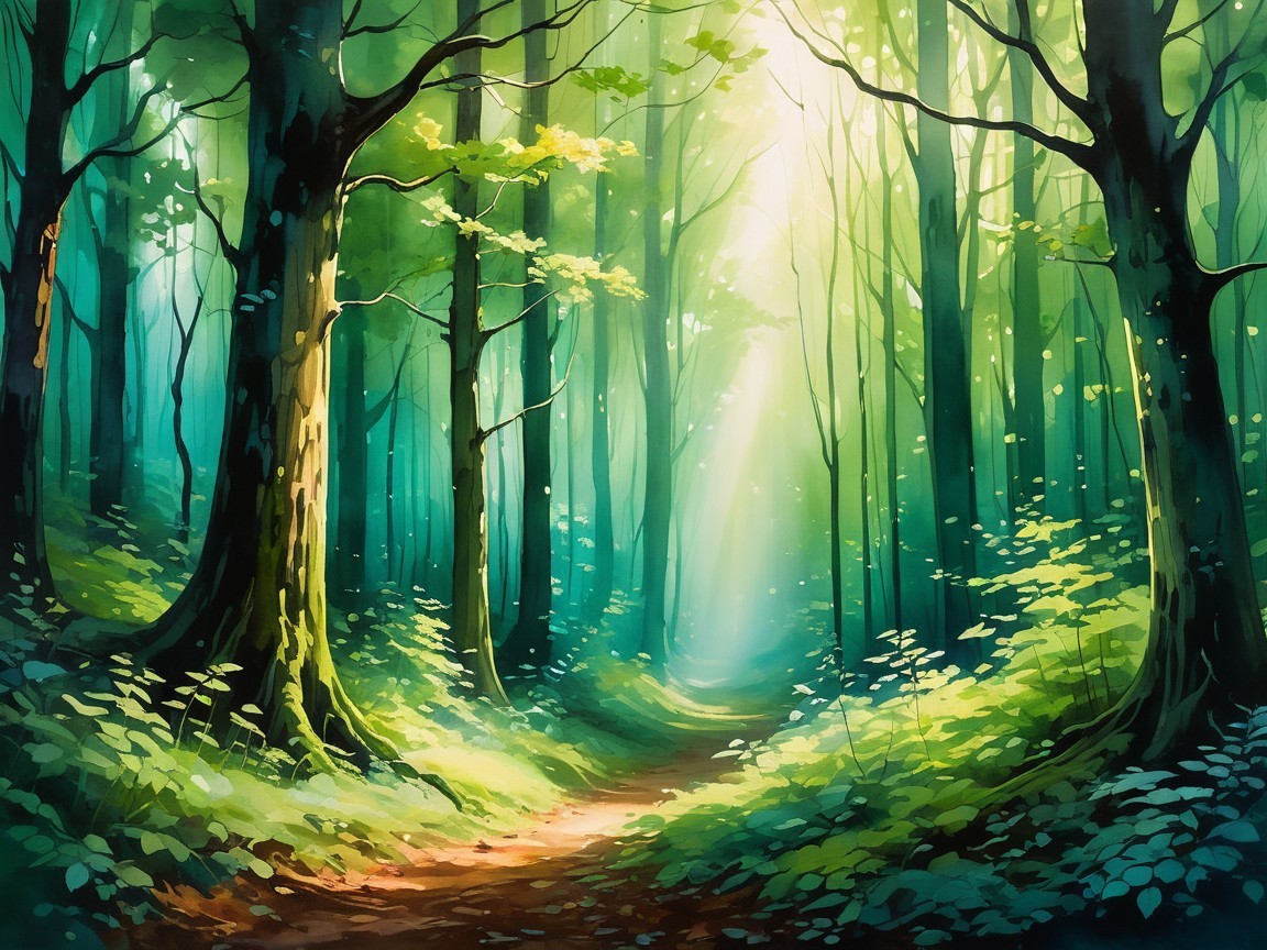 Serene forest scene with dappled sunlight and path