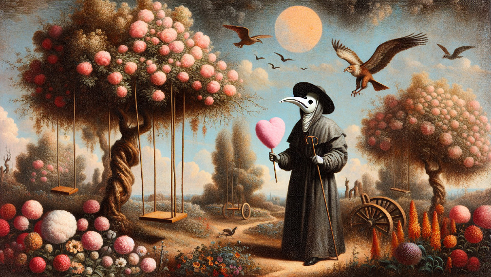 Whimsical Landscape with Cloaked Figure and Heart Candy