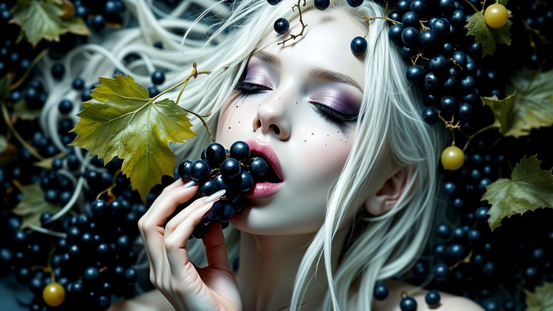Close-up of a woman with white hair and grapes