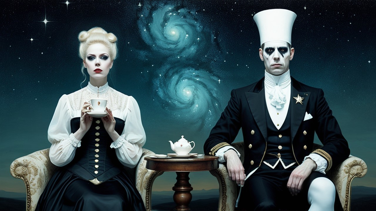 Surreal Scene of Woman and Man in Cosmic Setting