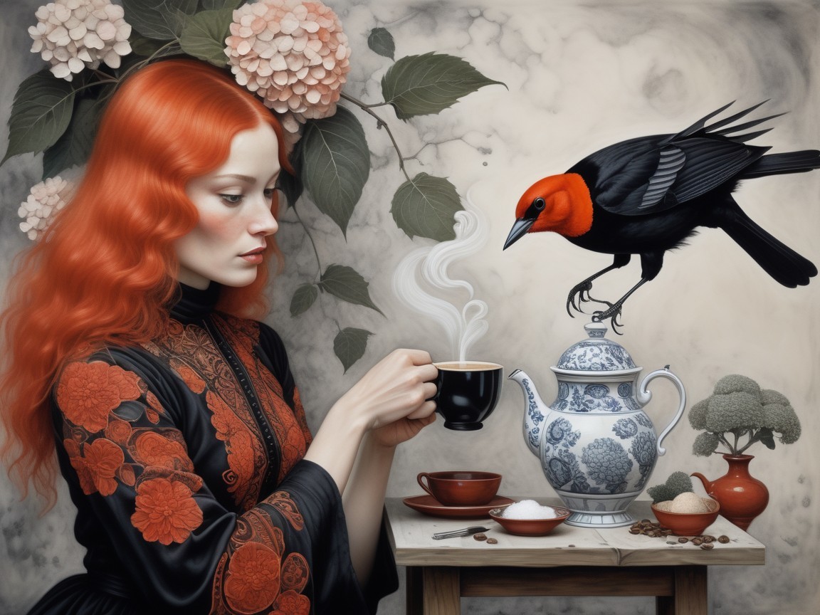 Young woman in black gown with red-billed bird and flowers