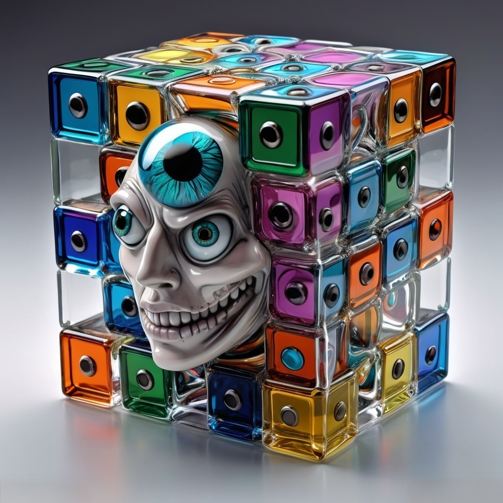 Surreal Transparent Cube with Colorful Blocks and Skull