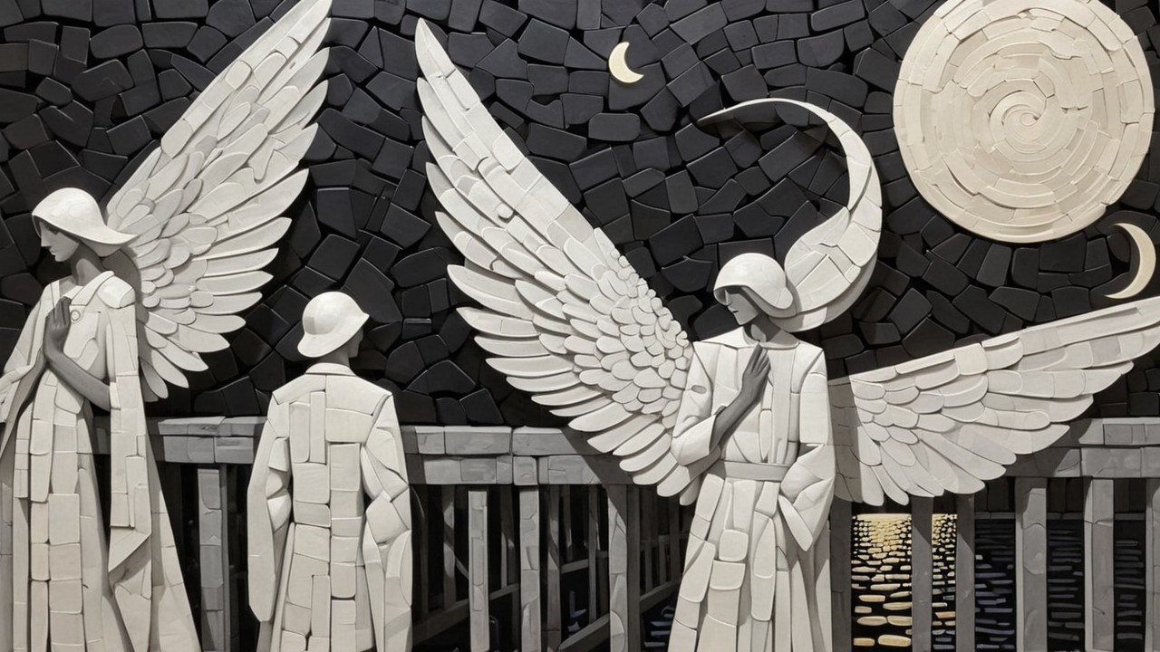 Artwork of Three Winged Figures Under Moonlight