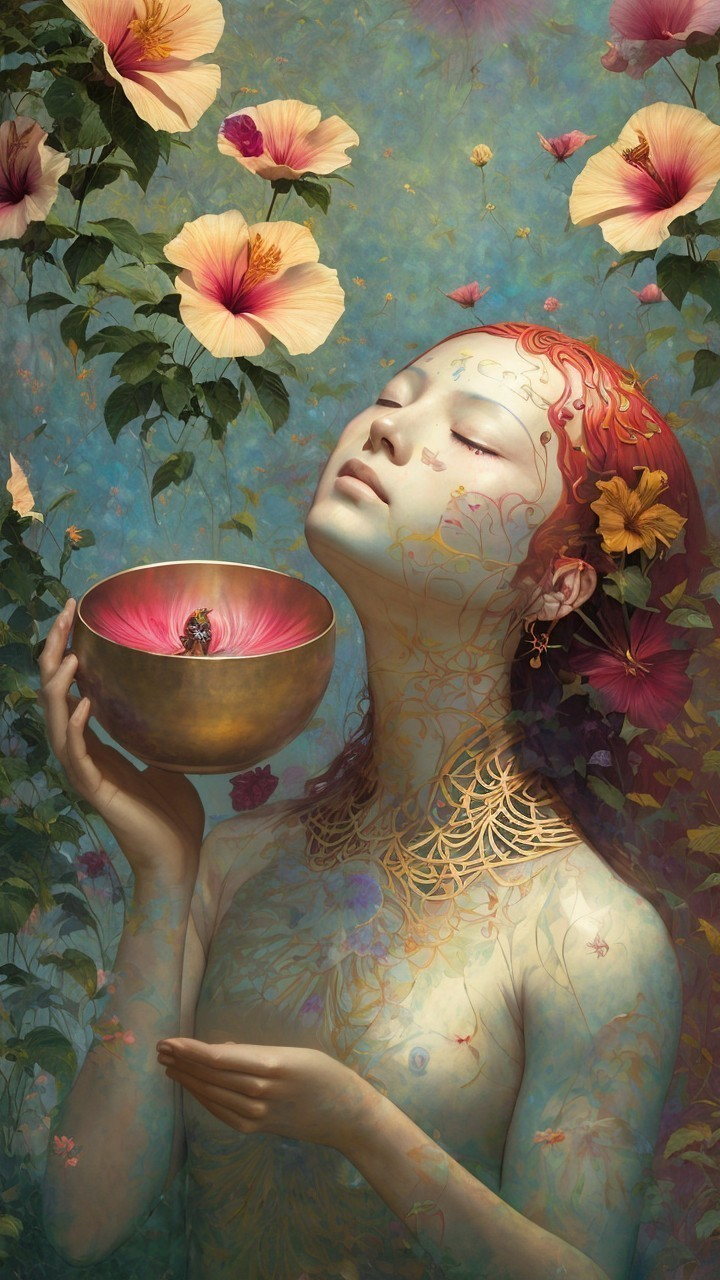 Ethereal Figure with Flower Bowl Surrounded by Hibiscus