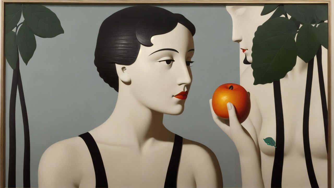 Stylized Figures with Apple and Nature Elements