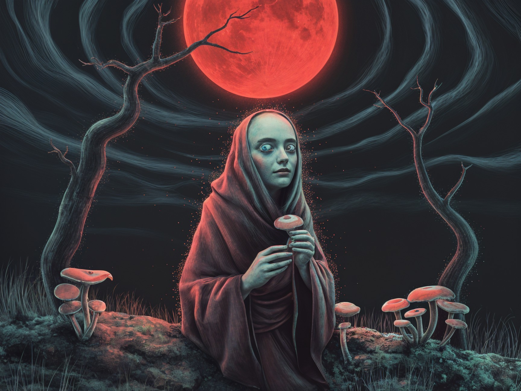 Young Woman in Red Cloak Under Vivid Red Moon