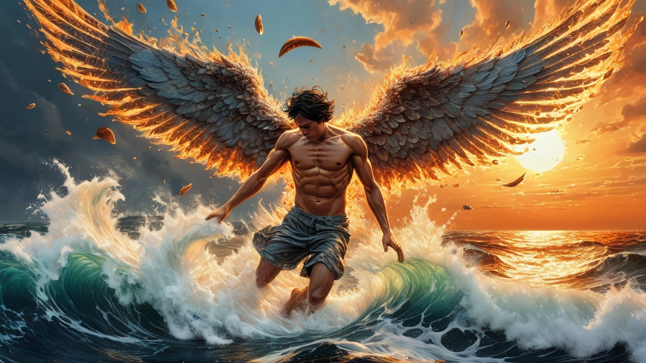 Muscular Figure with Fiery Wings Amidst Turbulent Waves