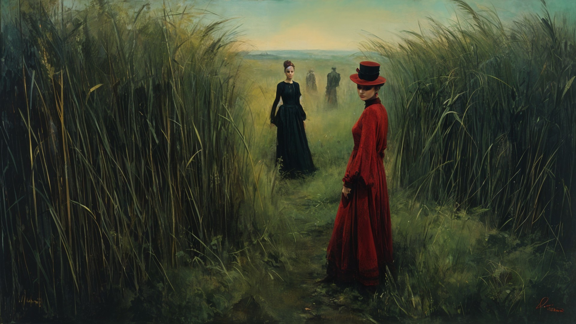 Misty Landscape with Women in Vintage Attire