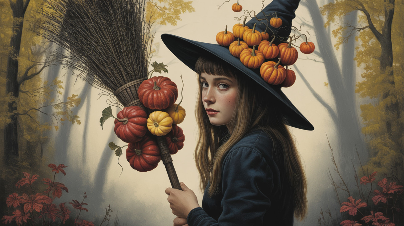 Young witch in autumn forest with decorated hat