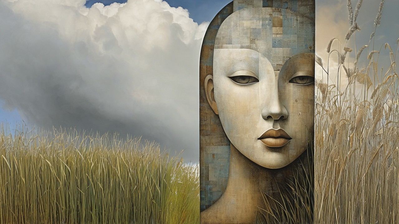 Stylized Serene Face Amidst Golden Grasses and Clouds