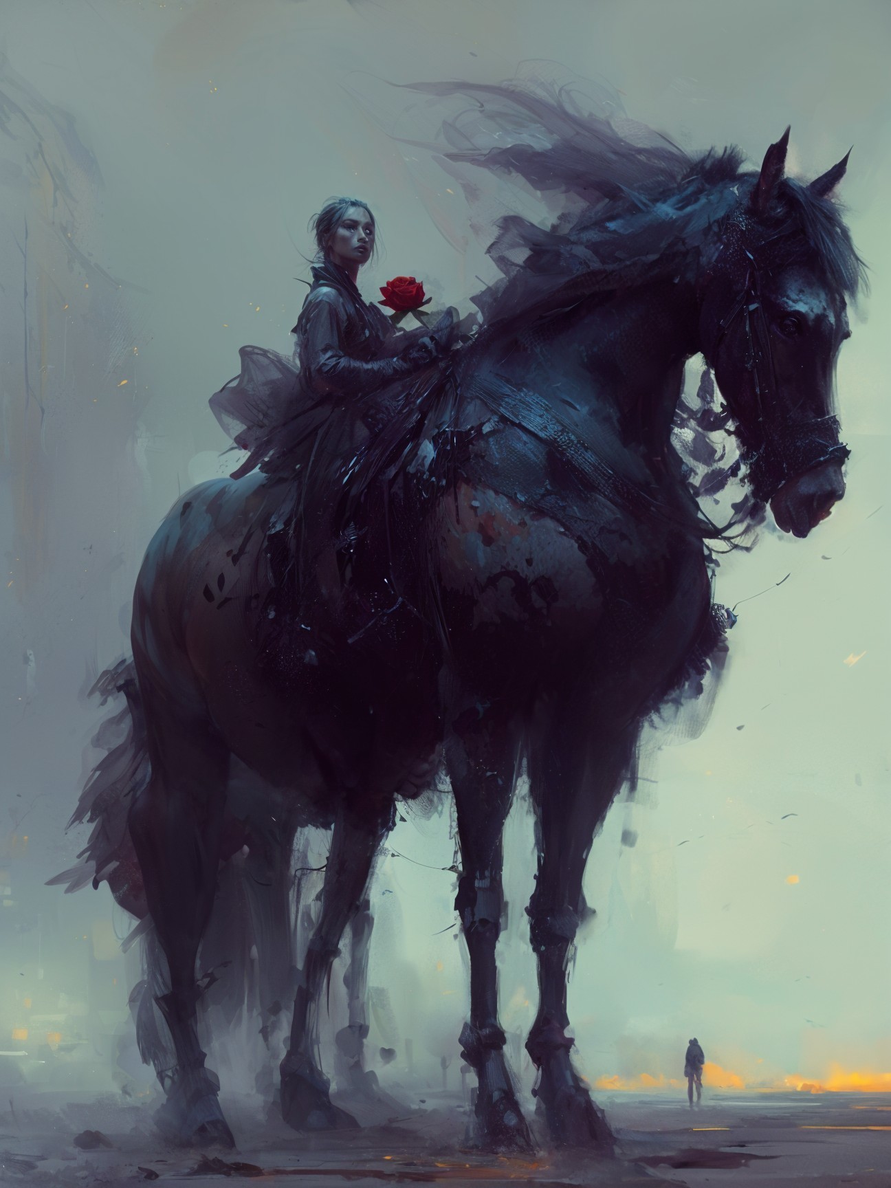 Mysterious Figure on Black Horse with Red Rose