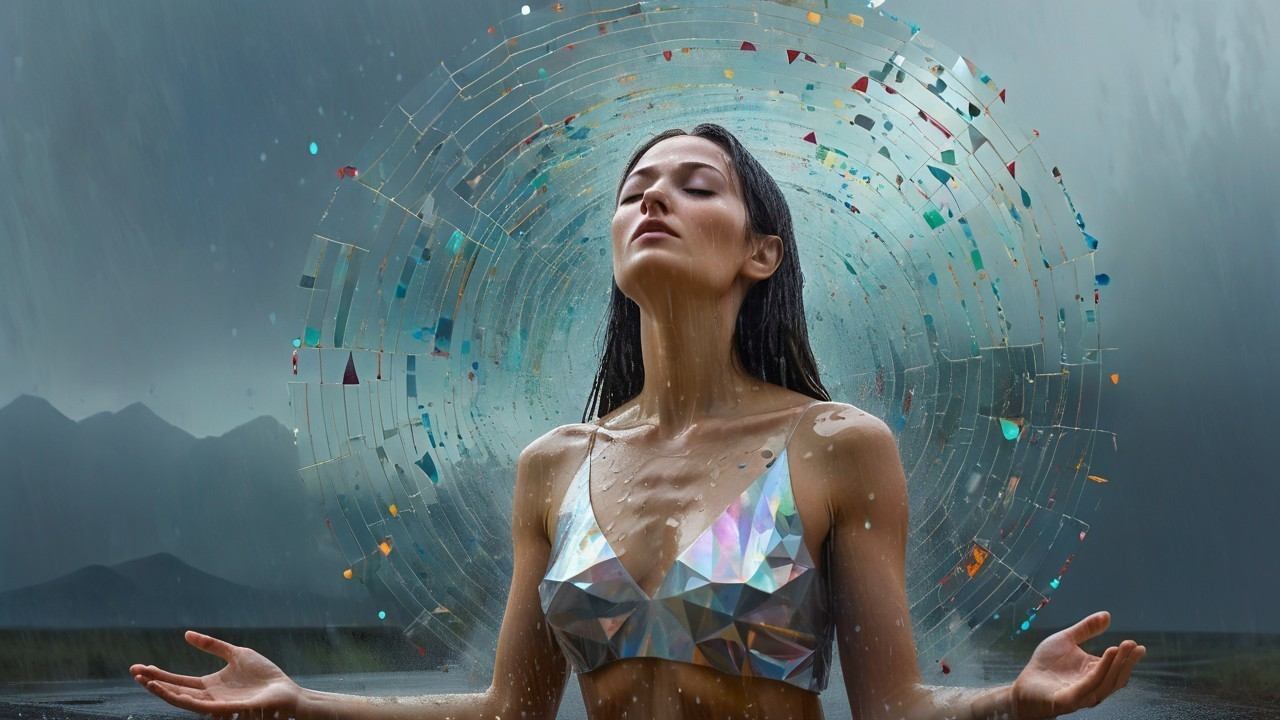 Woman in Rain with Geometric Top and Colorful Backdrop